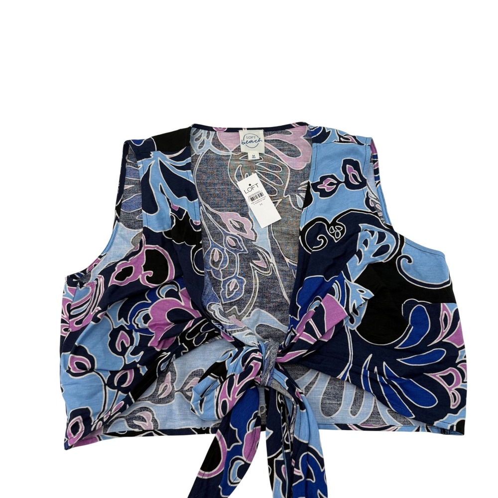 LOFT Beach Women Blue Floral Linen Blend Tie Front Crop Top Sleeveless M